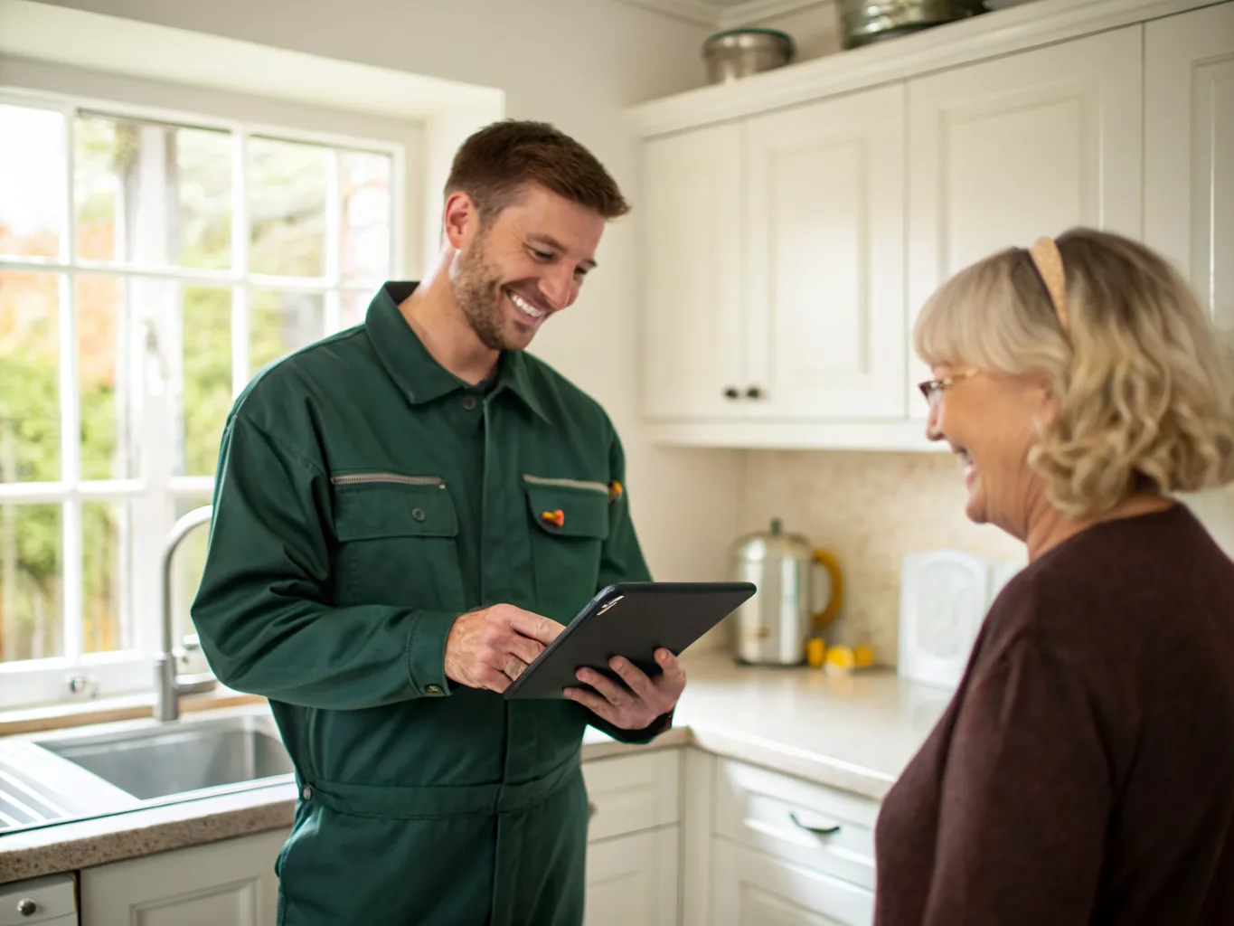 A Copperline plumber showing a homeowner a clear written flat-rate quote