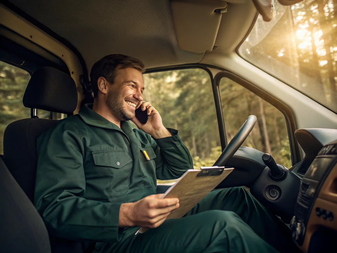 A Copperline plumber taking a call and writing up the job in his service van