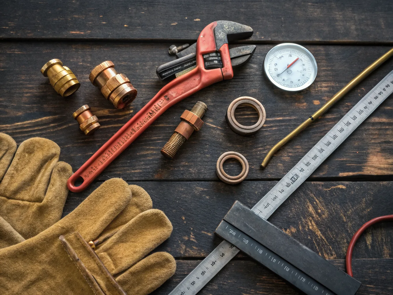 A plumber's everyday tools laid out: pipe wrench, copper fittings, pressure gauge, and gloves