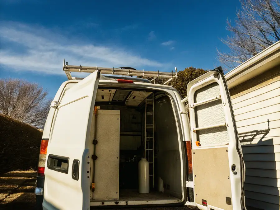 A Copperline Plumbing service van parked outside a Rhode Island home