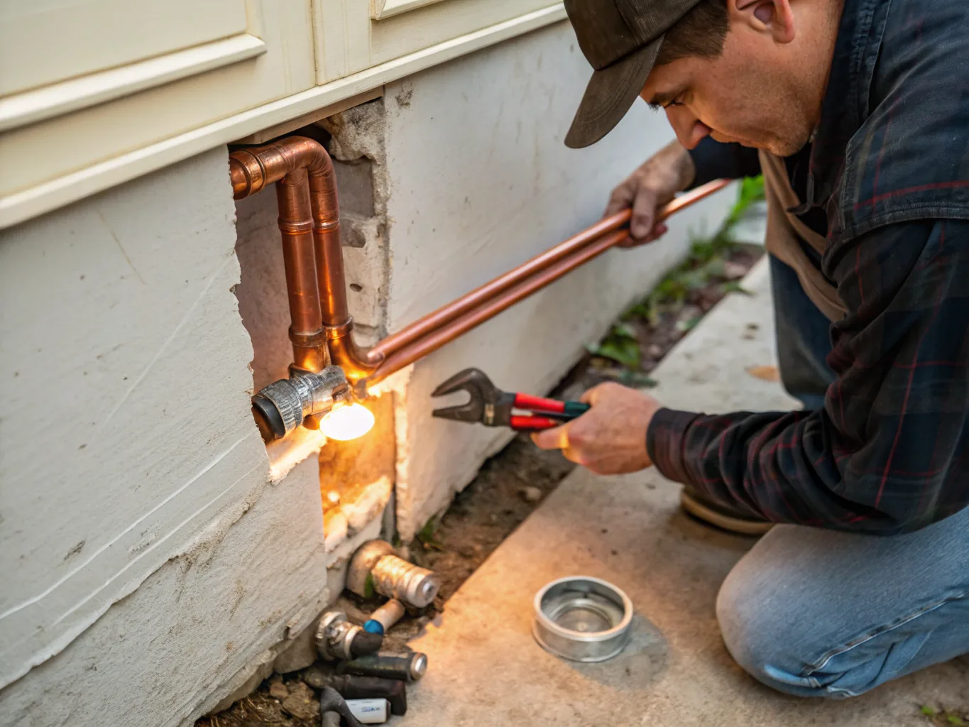 Copperline technician repairing a copper water pipe inside an opened wall