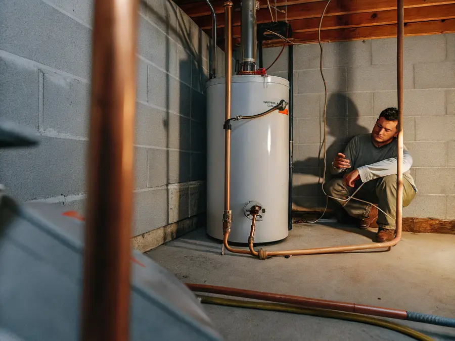 Copperline technician installing a new residential water heater in a basement